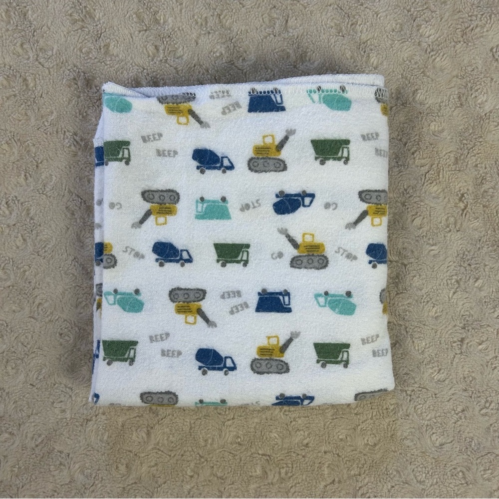 Gerber Construction Dump Trucks Baby Receiving Blanket Flannel White Blue Beep